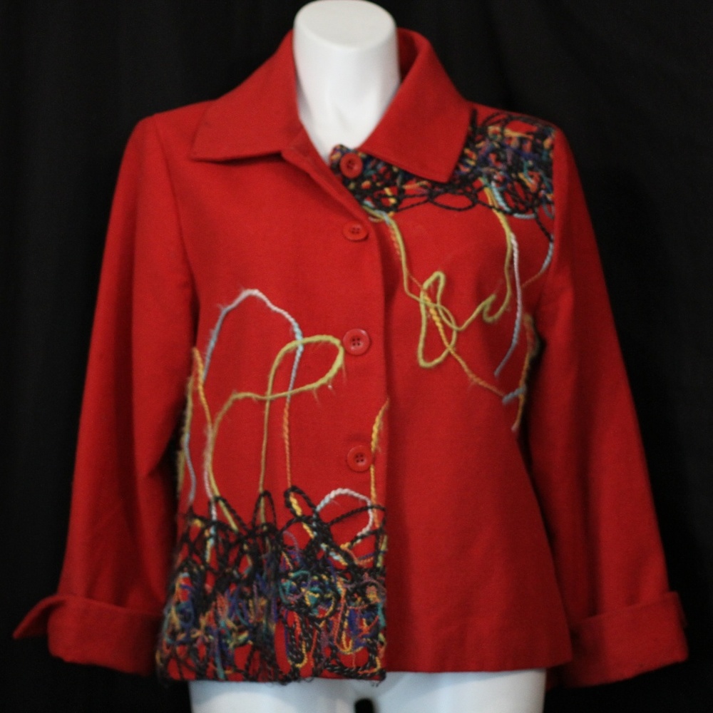 Red Car Coat with Whimsical Squiggly Yarn Pattern